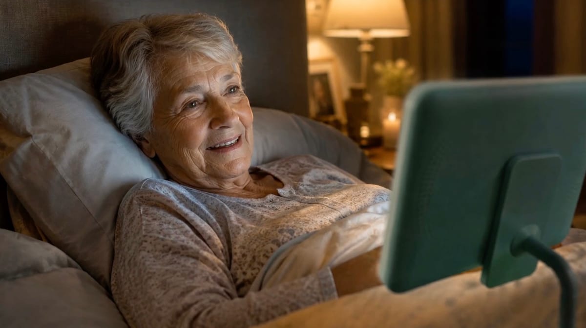 Ältere Frau am Abend, entspannt und vertraut im Gespräch mit dem Jobotic-Care-Gerät