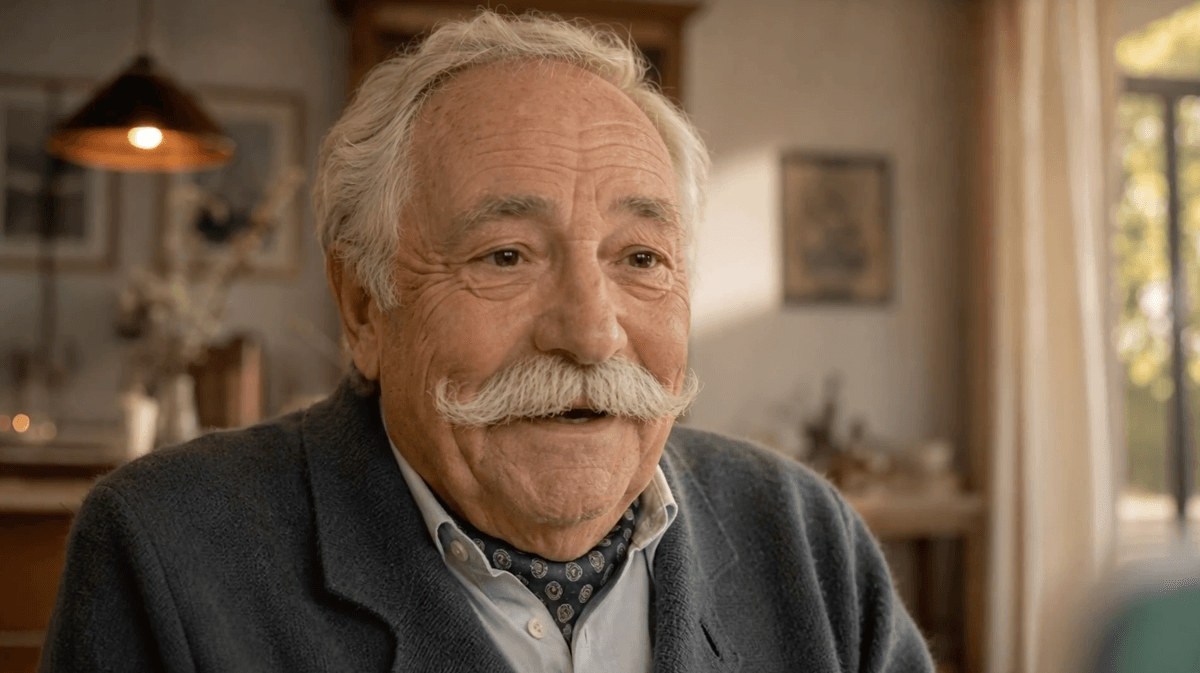 Älterer Mann, lebhaft und gut gelaunt, in seinem Wohnzimmer
